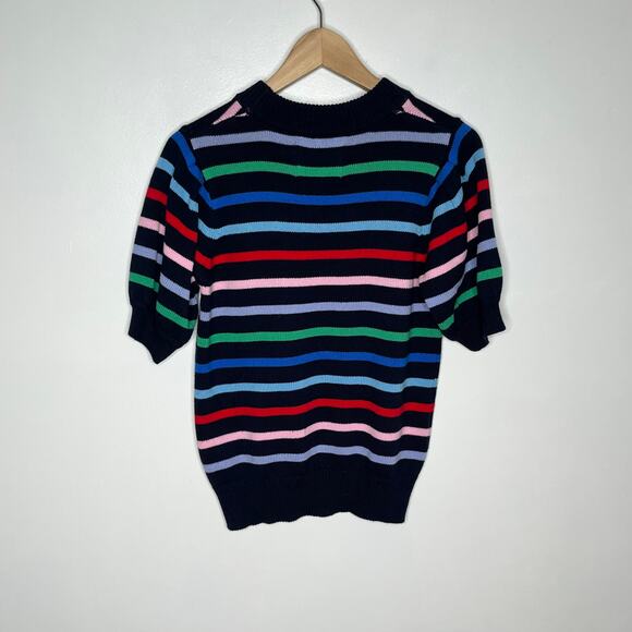 Addison Bay Short Sleeve Locust Sweater Womens XS Navy Rainbow Stripe Colorful - Picture 8 of 9